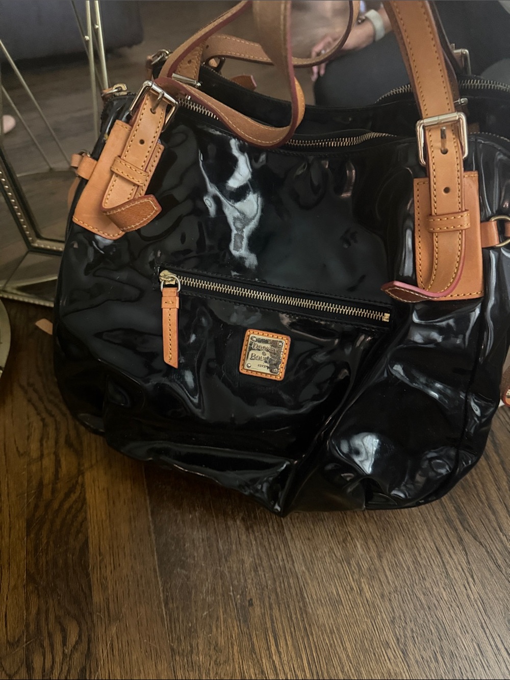 Dooney & Bourke Black Patent Shoulder Bag with Tan Trim